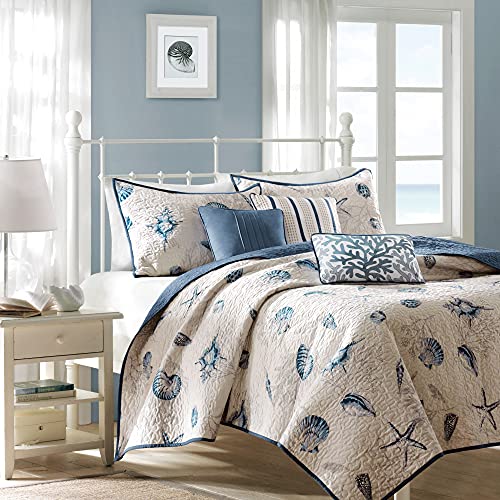 Madison Park Bayside Coverlet Set Blue Twin/Twin XL Coastal Print - Includes 1 Coverlet, 3 Decorative Pillows, 1 Sham