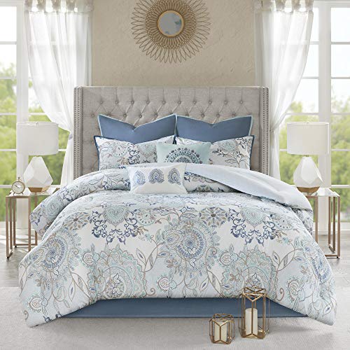 Madison Park Reversible 100% Cotton Comforter Season Set, Matching Bed Skirt, Decorative Pillows, Cal King(104"x92"), Isla, Floral Medallion Blue 8 Piece
