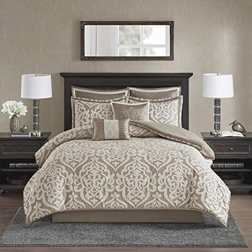 Madison Park Odette Comforter Set Jacquard Damask Medallion Design All Season Down Alternative Bedding, Matching Shams, Bedskirt, Decorative Pillows, Queen(90"x90"), Tan 8 Piece