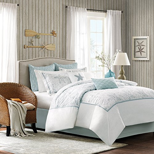 Harbor House Cotton Comforter Set - Coastal Oceanic Sealife Design, All Season Down Alternative Bedding with Matching Shams, Bedskirt, Maya Bay, Seafoam Blue Full(80"x90") 4 Piece