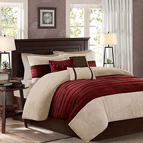 Madison Park Cozy Comforter Set-Luxury Faux Suede Design, Striped Accent, All Season Down Alternative Bedding, Matching Shams, Decorative Pillow, Red, King (104 in x 92 in)
