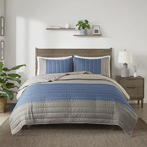 Madison Park Blake Quilt Set - 2 Tone Color Block Design, Classic Channel Quilting, Farmhouse Coverlet, All Season Breathable, Lightweight Cover, Cozy Summer Blanket, King/Cal King Taupe/Blue 3 Piece