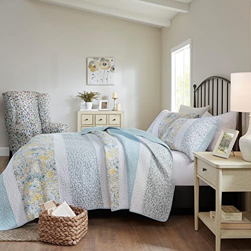Madison Park Violet Cotton Printed Coverlet Set with Aqua and Yellow Finish