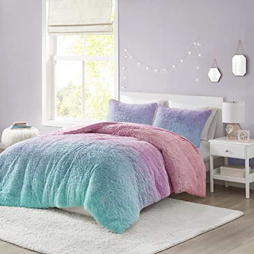 MI ZONE Purple Multi Ombre Shaggy Faux Fur Queen Comforter Set MZ10-0643