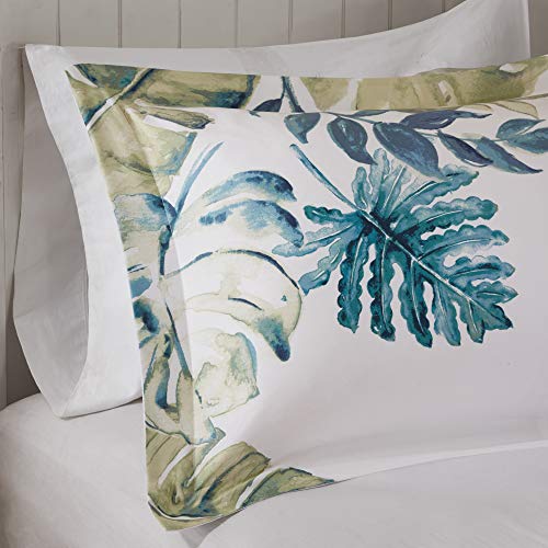 Harbor House Cozy Cotton Comforter Set-Coastal All Season Down Alternative Casual Bedding with Matching Shams, Decorative Pillows, Queen(92"x96"), Monstera Leaf Green 6 Piece