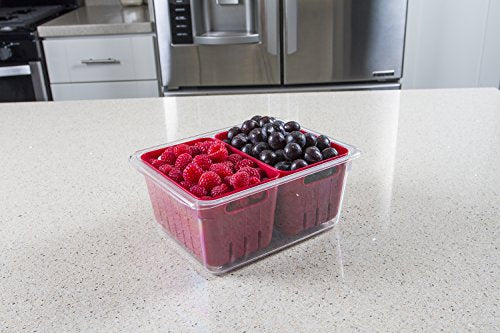 Kitchen Spaces Twin Colander Stackable Food Storage Organizer for Fridge, Freezer, and Pantry, 8.8" x 6.8" x 3.9", Red & Clear