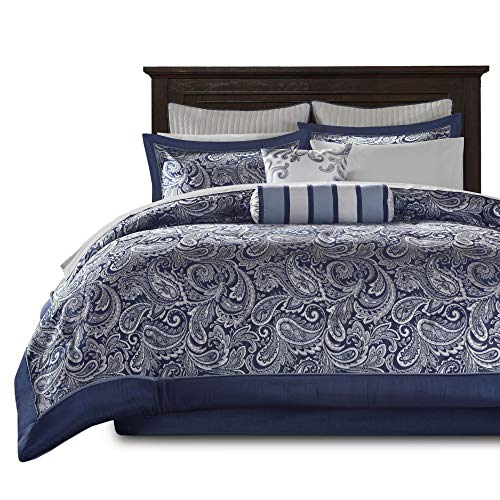 Madison Park Aubrey Queen Size Bed Comforter Set Bed In A Bag - Navy, Grey , Paisley Jacquard – 12 Pieces Bedding Sets – Ultra Soft Microfiber Bedroom Comforters