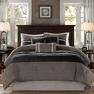 Madison Park - Palmer 7 Piece Comforter Set - Black and Gray - Queen - Pieced Microsuede - Includes 1 Comforter