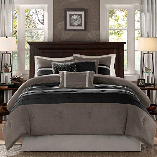 Madison Park - Palmer 7 Piece Comforter Set - Black and Gray - California King - Pieced Microsuede - Includes 1 Comforter, 3 Decorative Pillows, 1 Bed Skirt, 2 Shams