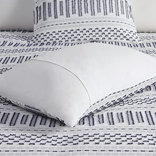 INK+IVY Rhea Luxurious Cotton Bedding Set - Mid Century Trendy Geometric Design, All Season Cozy Cover With Matching Shams, Off White/Navy Comforter Set, Full/Queen 3 Piece