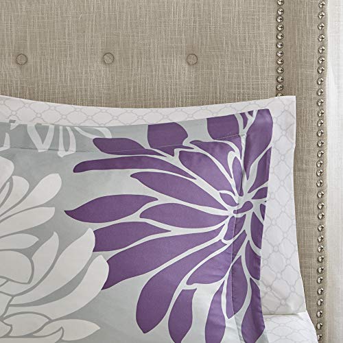 Madison Park Essentials Maible Cozy Bed in A Bag Comforter with Complete Cotton Sheet Set - Floral Medallion Damask Design, All Season Cover, Decorative Pillow, Purple/Gray Queen(90"x90") 9 Piece