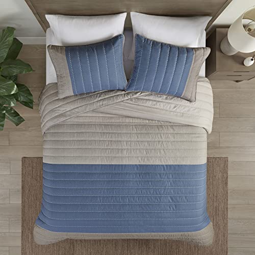 Madison Park Blake Quilt Set - 2 Tone Color Block Design, Classic Channel Quilting, Farmhouse Coverlet, All Season Breathable, Lightweight Cover, Cozy Summer Blanket, King/Cal King Taupe/Blue 3 Piece