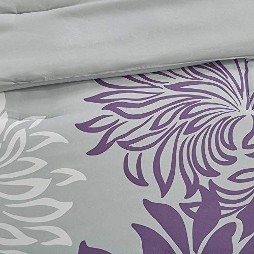 Madison Park Essentials Maible Cozy Bed in A Bag Comforter with Complete Cotton Sheet Set - Floral Medallion Damask Design, All Season Cover, Decorative Pillow, Purple/Gray Queen(90"x90") 9 Piece