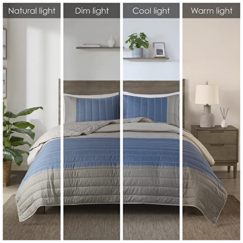 Madison Park Blake Quilt Set - 2 Tone Color Block Design, Classic Channel Quilting, Farmhouse Coverlet, All Season Breathable, Lightweight Cover, Cozy Summer Blanket, Full/Queen Taupe/Blue 3 Piece