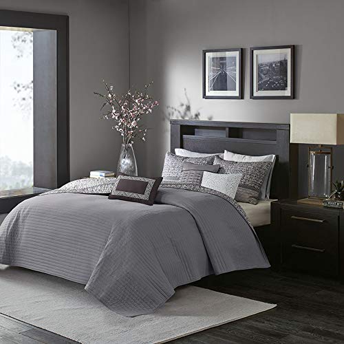 Madison Park Reversible Quilt Luxury Jacquard Design, All Season, Breathable Coverlet Bedspread Bedding Set, Matching Shams, Decorative Pillow, Full/Queen(90"x90"), Rhapsody, Grey/Taupe 6 Piece