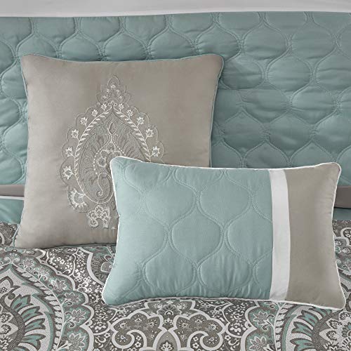 Cozy Comforter Set - Transitional Damask Design, All Season Down Alternative Bedding with Matching Shams, Decorative Pillow, Shawnee-Seafoam Queen(90"x90") 8 Piece