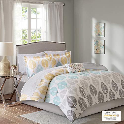 Madison Park Essentials Cozy Bed in a Bag Comforter, Vibrant Color Design All Season Down Alternative Cover with Complete Sheet Set, Queen(90"x90"), Leaf Yellow/Aqua