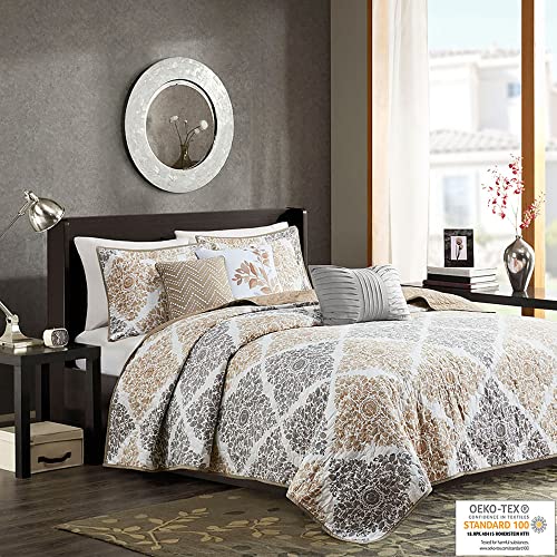 Madison Park Claire Quilt Modern Design - All Season, Breathable Coverlet Bedspread Lightweight Bedding Set, Matching Shams, Decorative Pillow, Full/Queen (90 in x 90 in), Diamond Neutral 6 Piece