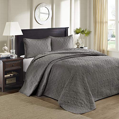 Madison Park Quebec Reversible Damask Design, Double Sided Quilting All Season, Lightweight Coverlet Bedspread Bedding Set, Matching Shams, Queen(102"x118"), Dark Grey