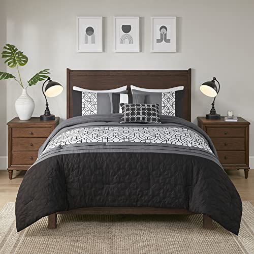 510 DESIGN Cozy Comforter Set - Geometric Honeycomb Design, All Season Down Alternative Casual Bedding with Matching Shams, Decorative Pillows, Full/Queen(90"x90"), Donnell, Black 5 Piece