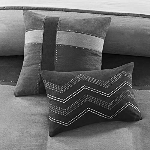 Madison Park Palisades Faux Suede Duvet Modern Pieced Stripe Design, All Season Comforter Cover Bedding Set, Matching Shams, Full/Queen(90"x90"), Black 6 Piece