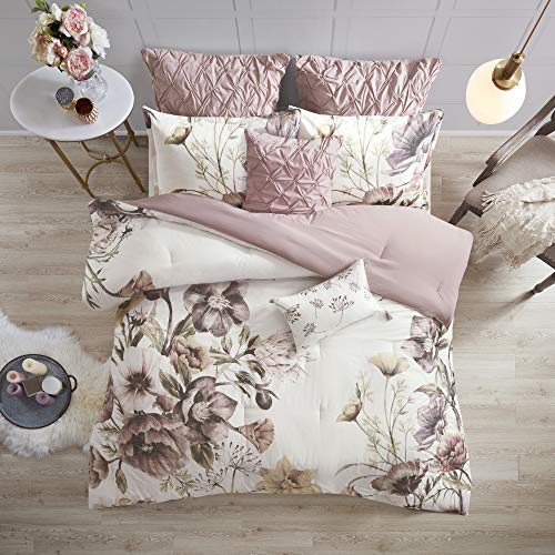 Madison Park Cotton Comforter Set Contemporary Floral Design - All Season Bedding Set, Matching Bed Skirt, Decorative Pillows, King(104"x92"), Cassandra Shabby Chic, Blush 8 Piece