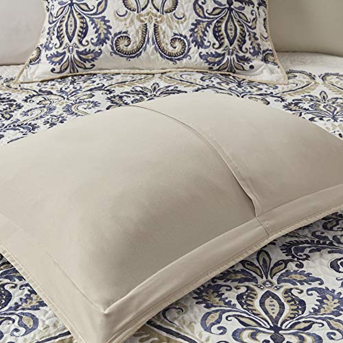 Madison Park Quilt Traditional Damask Design All Season, Lightweight Coverlet Bedspread Bedding Set, Matching Shams, Pillows, Full/Queen, Cali, Navy/White
