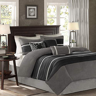Madison Park - Palmer 7 Piece Comforter Set - Black and Gray - King - Pieced Microsuede - Includes 1 Comforter