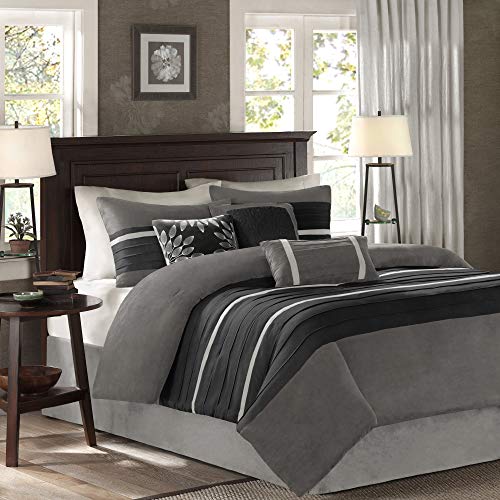Madison Park - Palmer 7 Piece Comforter Set - Black and Gray - King - Pieced Microsuede - Includes 1 Comforter, 3 Decorative Pillows, 1 Bed Skirt, 2 Shams