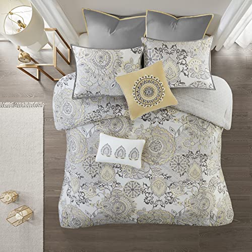 Madison Park Reversible Cotton Comforter Set, All Season Bedding, Matching Bed Skirt, Decorative Pillows, Queen(90"x90"), Isla, Floral Medallion Yellow 8 Piece