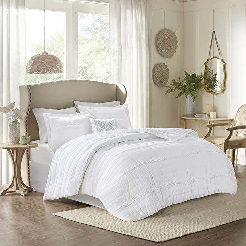 Madison Park Comforter Set-Textured Luxury Design All Season Down Alternative Bedding, Matching Sham, Decorative Pillows, King(104"x92"), Celeste, Ruffle White, 5 Piece