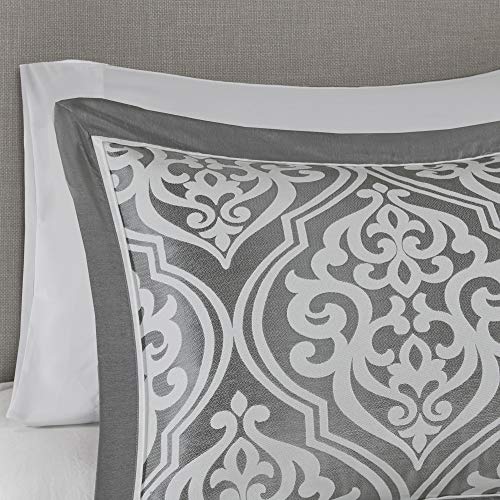 Madison Park Cozy Room in A Bag Comforter & Complete Sheet Set, Window Treatment, Luxe Jacquard Damask Print, All Season Bedding, Pillows, King(104 in x 92 in), Jordan, Grey 24 Piece