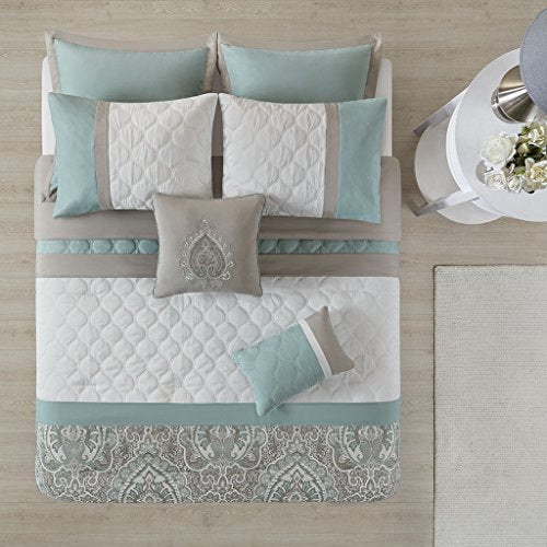 Cozy Comforter Set - Transitional Damask Design, All Season Down Alternative Bedding with Matching Shams, Decorative Pillow, Shawnee-Seafoam King(104"x92") 8 Piece