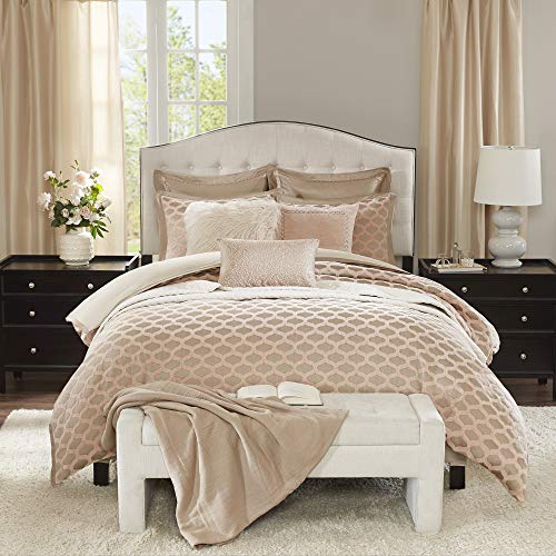 Madison Park Signature Romance Bed Comforter Duvet 2-in-1 Set Bed in A Bag – Ultra Soft Microfiber Bedroom Comforters, Queen(92"x96"), Pink Blush, Jacquard 8 Piece