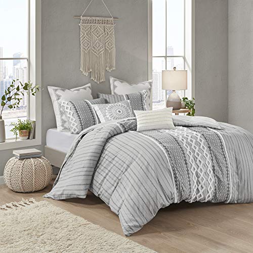 100% Cotton Duvet Mid Century Modern Design, All Season Comforter Cover Bedding Set, Matching Shams, Full/Queen(88"x92"), Imani, Gray Chenille Tufted Accent 3 Piece