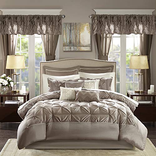Madison Park Essentials Room in a Bag Faux Silk Comforter Set-Luxe Diamond Tufting All Season Bedding, Matching Curtains, Decorative Pillows, King (104 in x 92 in), Taupe