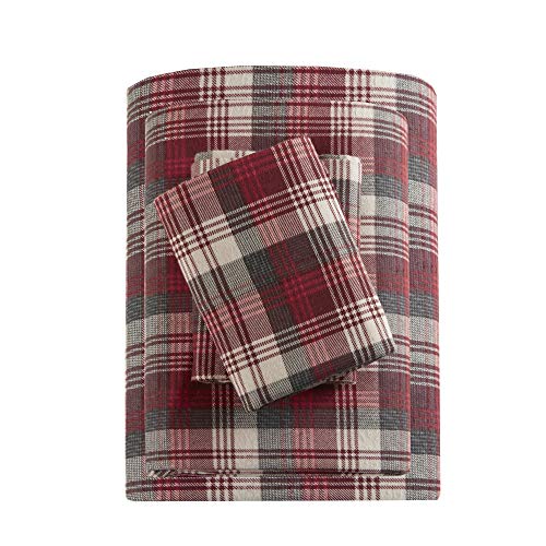 Woolrich Flannel 100% Cotton Sheet Set Warm Soft Bed Sheets with 14" Elastic Pocket, Cabin Lifestyle, Cold Season Cozy Bedding Set, Matching Pillow Case, Cal King, Red Plaid, 4 Piece