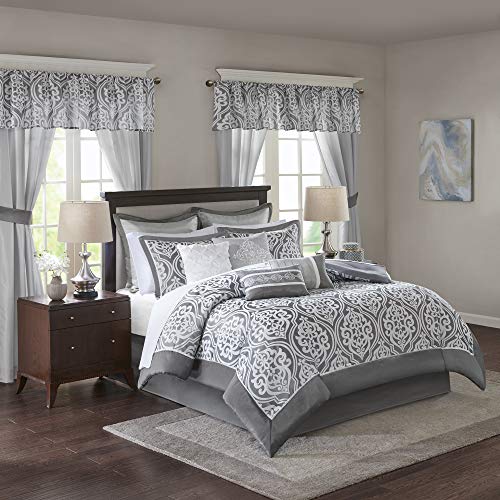 Madison Park Cozy Room in A Bag Comforter & Complete Sheet Set, Window Treatment, Luxe Jacquard Damask Print, All Season Bedding, Pillows, Cal King(104 in x 92 in), Jordan, Grey 24 Piece