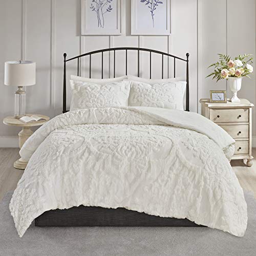 Madison Park Tufted Chenille Cotton Comforter All Season Bedding Set, Matching Shams, Full/Queen (90 in x 90 in), Viola, Damask White