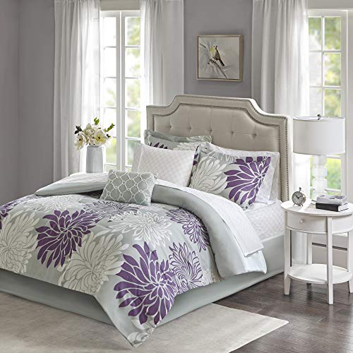 Madison Park Essentials Maible Cozy Bed in A Bag Comforter with Complete Cotton Sheet Set-Floral Medallion Damask Design All Season Cover, Decorative Pillow, Twin (68 in x 86 in), Purple/Gray 7 Piece
