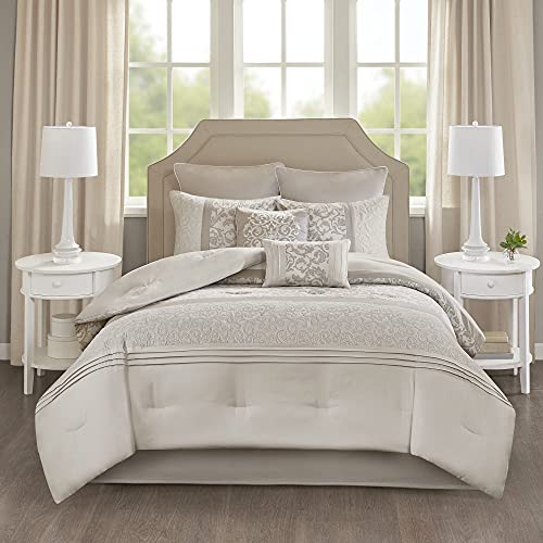 Cozy Comforter Set - Transitional Damask Design, All Season Down Alternative Bedding with Matching Shams, Decorative Pillow, Shawnee-Neutral King(104"x92") 8 Piece