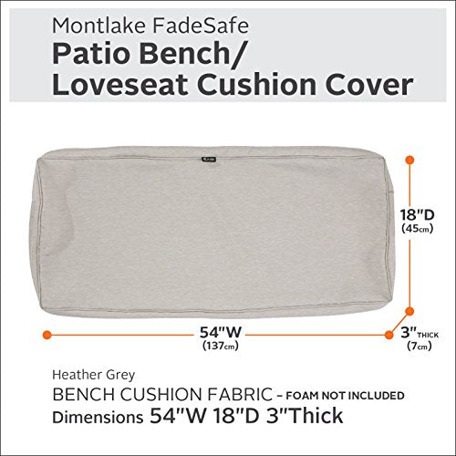 Classic Accessories Montlake FadeSafe Water-Resistant 54 x 18 x 3 Inch Outdoor Bench/Settee Cushion Slip Cover, Patio Furniture Swing Cushion Cover, Heather Grey, Patio Furniture Cushion Covers