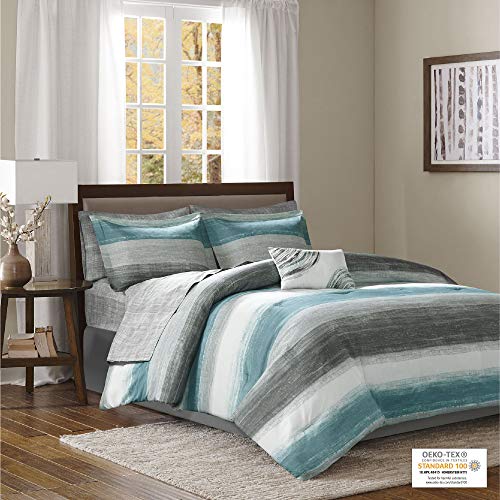 Madison Park Essentials Cozy Bed in a Bag Comforter, Vibrant Color Design All Season Down Alternative Cover with Complete Sheet Set, Queen (90"x90"), Stripe Aqua