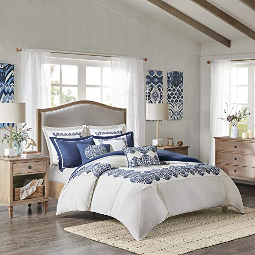 Madison Park Signature Cozy Comforter Set - Luxurious Bedding Style Combo Filled Insert, Removable Duvet Cover. Matching Shams, Decorative Pillows, Queen(92"x96"), Embroidery, Farmhouse Blue 8 Piece
