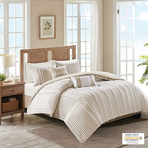 Harbor House 100% Cotton Duvet Set - Trendy Tufted Textured Design, All Season Cozy Bedding Modern Comforter Cover, Matching Shams, Anslee Pom Pom Taupe Queen(90"x90") 3 Piece