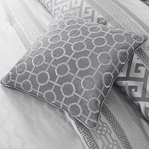 Madison Park Luxury Comforter Set-Traditional Jacquard Design All Season Down Alternative Bedding, Matching Bedskirt, Decorative Pillows, Queen(90"x90"), Bennett, Geometric Grey, 7 Piece