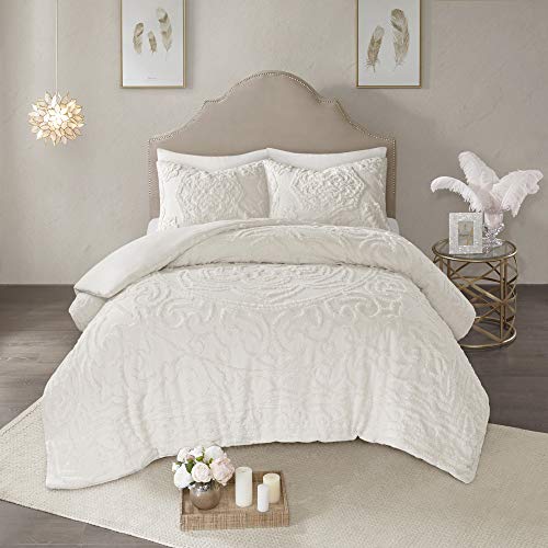 Madison Park Laetitia Comforter Bohemian Tufted Cotton Chenille, Medallion Shabby Chic All Season Down Alternative Bed Set with Matching Shams, Full/Queen (90 in x 90 in), Floral Off White