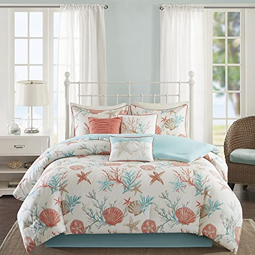 Madison Park Cotton Comforter Set - Coastal Coral, Starfish Design All Season Down Alternative Cozy Bedding with Matching Shams, Decorative Pillow, Pebble Beach Teal Queen(90"x90") 7 Piece