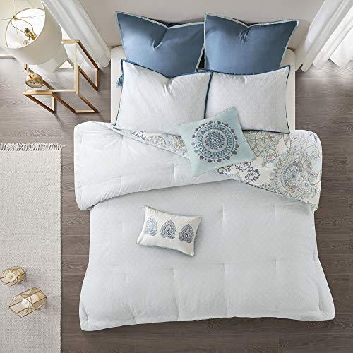 Madison Park Season Set, Matching Bed Skirt, Decorative Pillows, Queen(90"x90"), Isla, Floral Medallion Blue 8 Piece