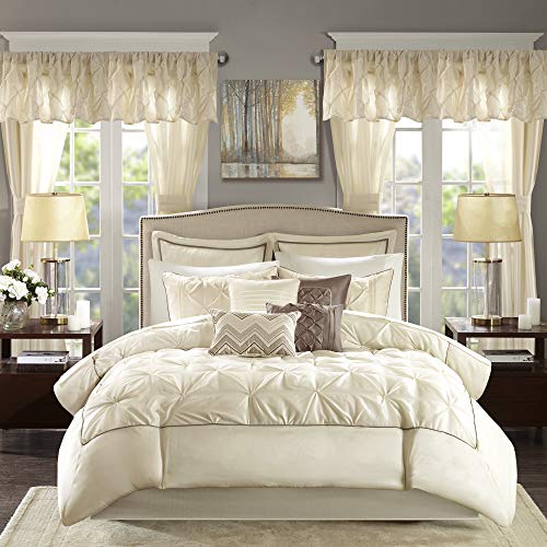 Madison Park Essentials Room in a Bag Faux Silk Comforter Set - Luxe Diamond Tufting All Season Bedding, Matching Curtains, Decorative Pillows, Ivory Cal King(104"x92") 24 Piece